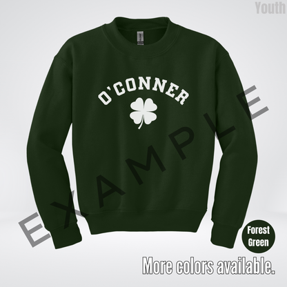 Custom Last Name, Name, Nickname, Etc. & Four Leaf Clover - White Design - St. Patrick's Day Youth Crewneck Sweatshirt