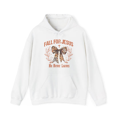 Fall For Jesus He Never Leaves Leopard Print Coquette Hoodie