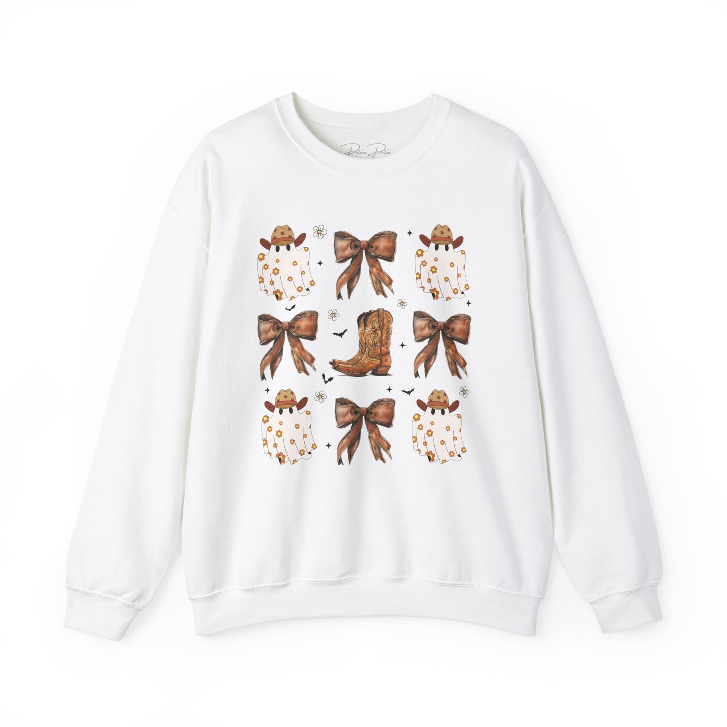 Western Coquette Leather Cowboy Boots And Fall Ghosts with Flowers and Bats Crewneck Sweatshirt