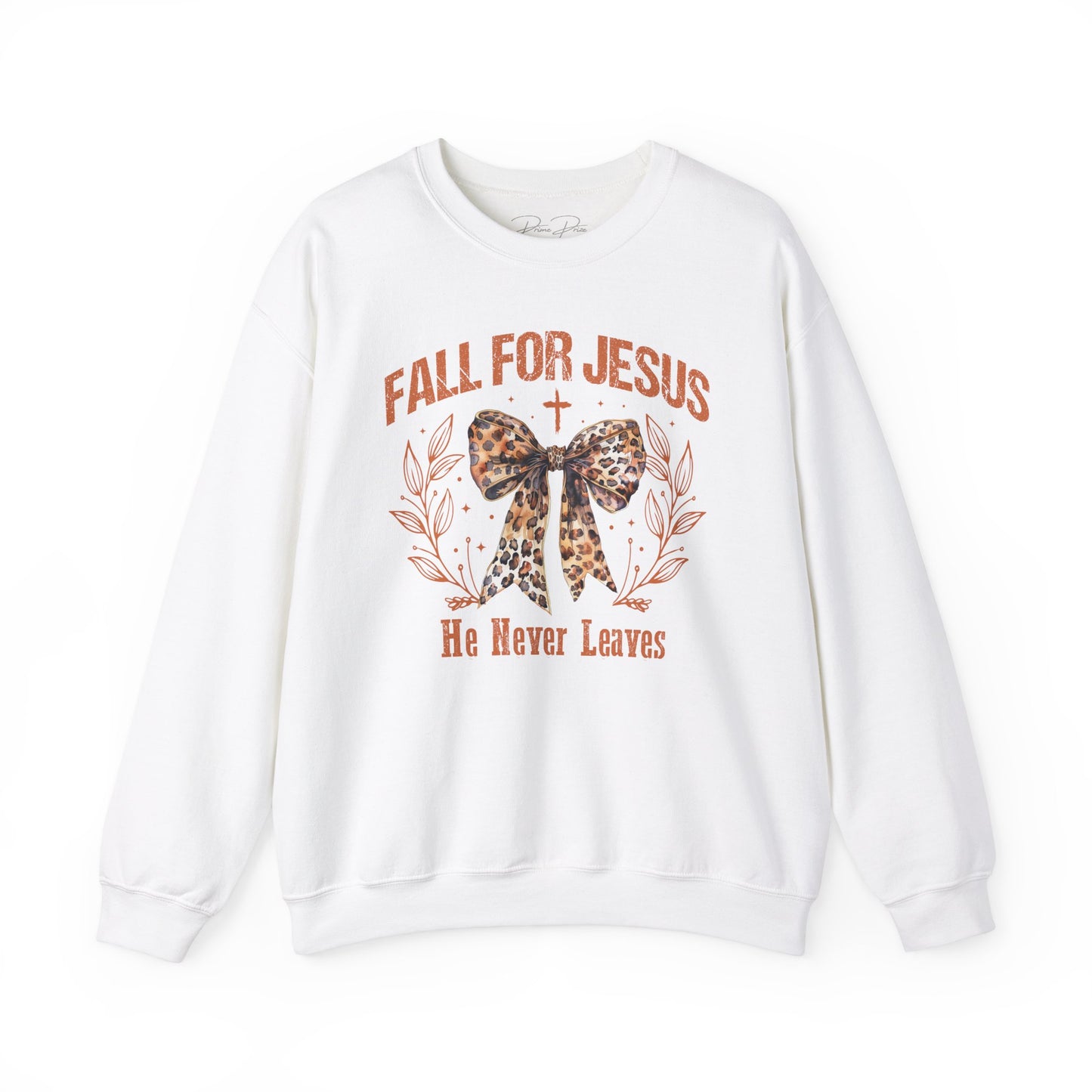 Fall For Jesus He Never Leaves Leopard Print Coquette Crewneck Sweatshirt