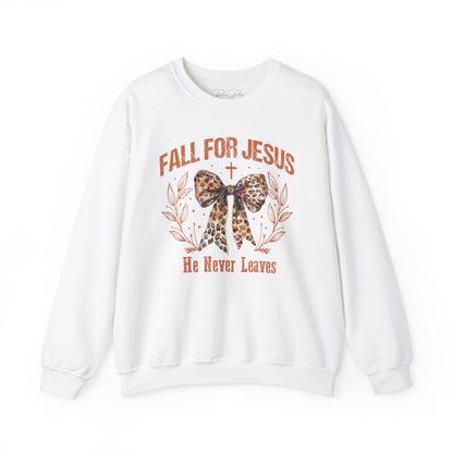 Fall For Jesus He Never Leaves Leopard Print Coquette Crewneck Sweatshirt