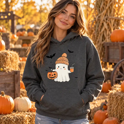 Cute Fall Ghost with Pumpkin And Bats Hoodie