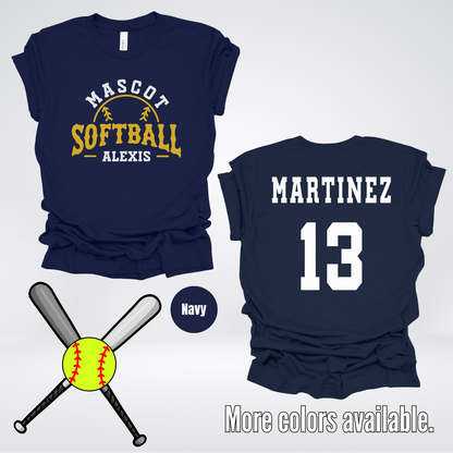 Custom Mascot, Number, First Name, & Last Name – Gold - Softball Design 04 T-Shirt