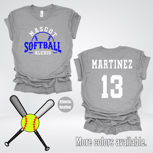 Custom Mascot, Number, First Name, & Last Name – Blue - Softball Design 06 T-Shirt