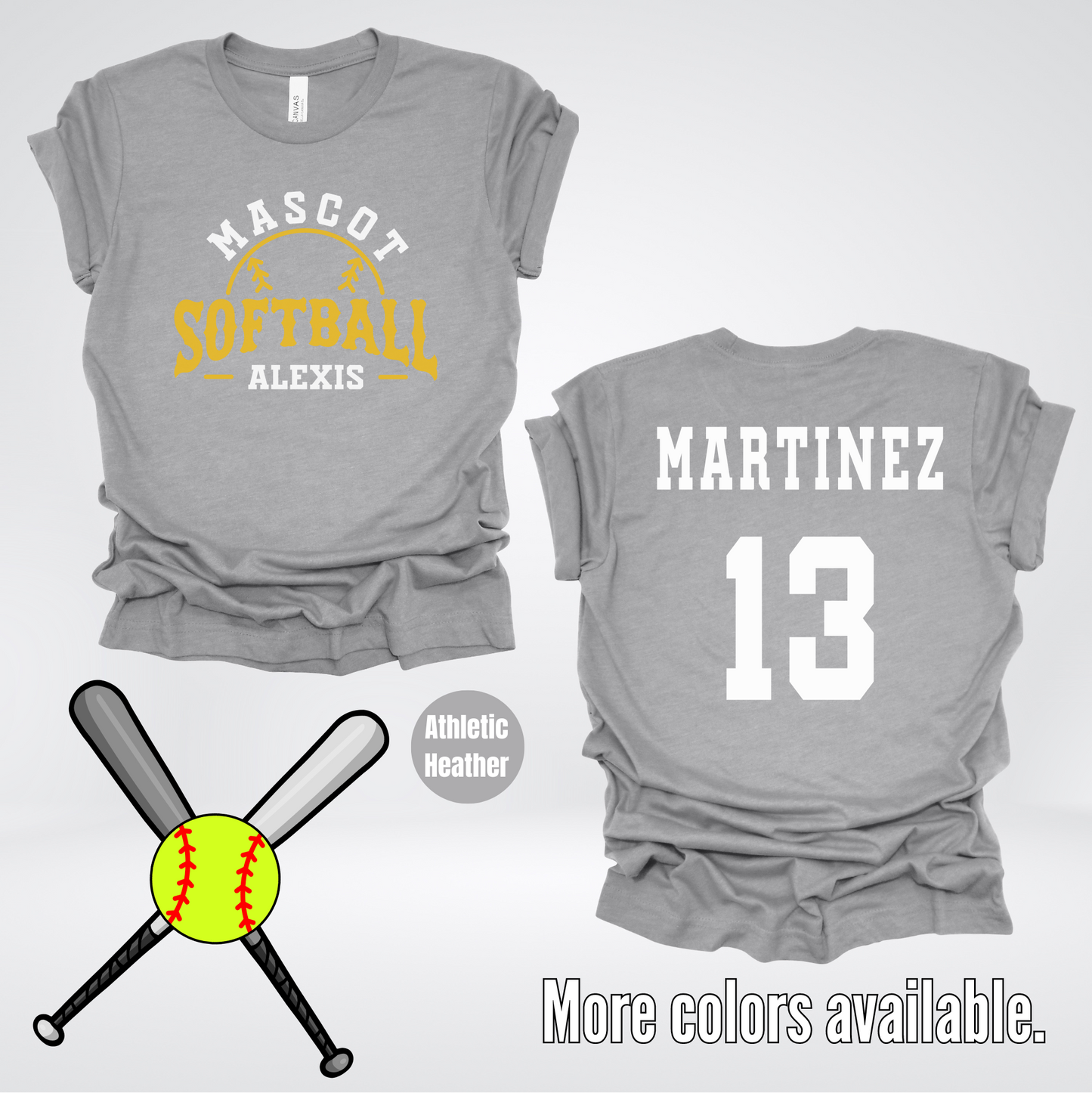 Custom Mascot, Number, First Name, & Last Name – Gold - Softball Design 04 T-Shirt