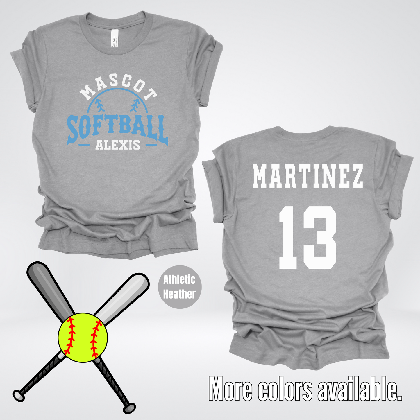 Custom Mascot, Number, First Name, & Last Name – Light Blue - Softball Design 12 T-Shirt