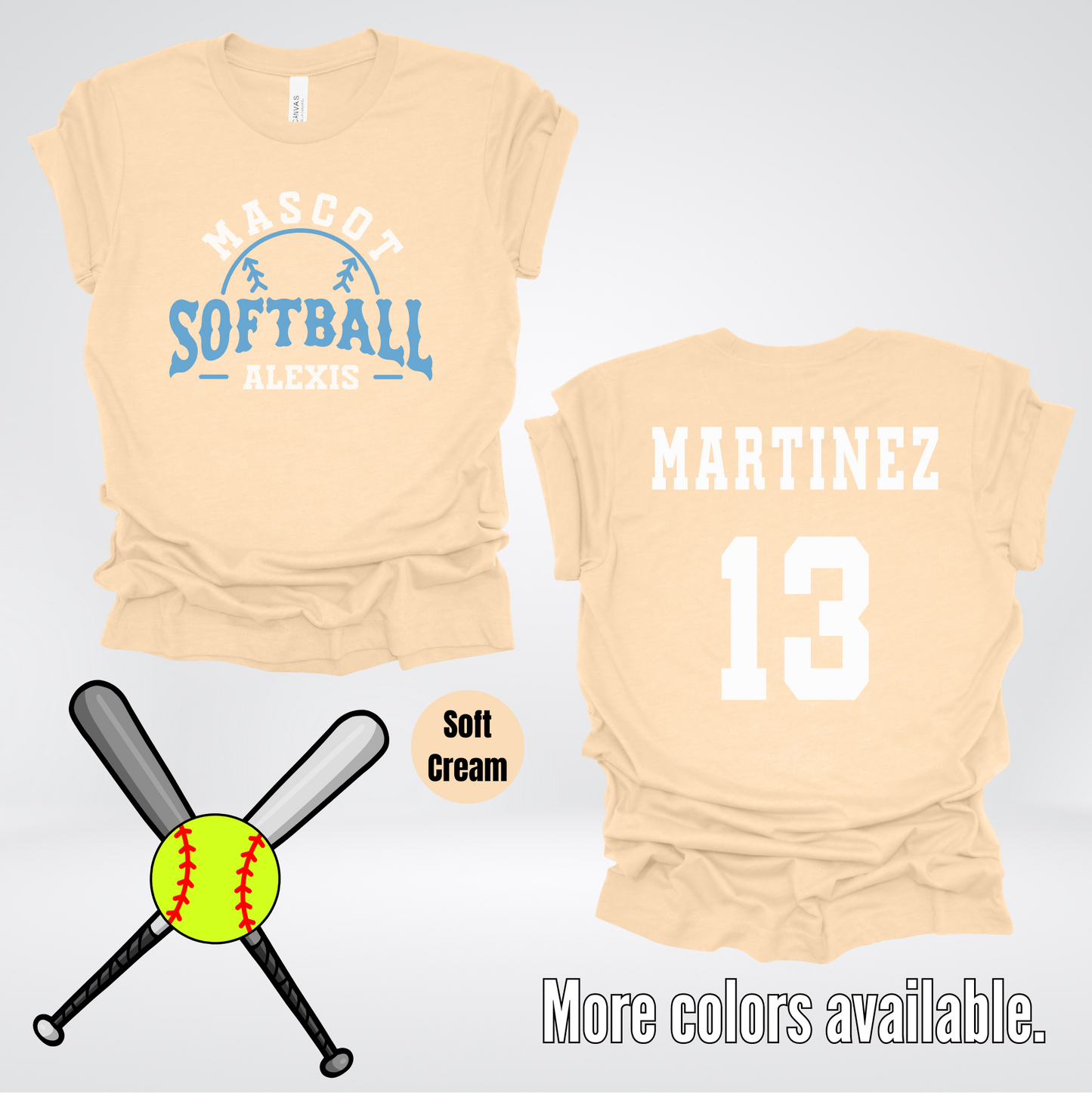 Custom Mascot, Number, First Name, & Last Name – Light Blue - Softball Design 12 T-Shirt