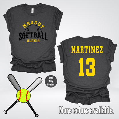 Custom Mascot, Number, First Name, & Last Name – Black & Gold - Softball Design 26 T-Shirt