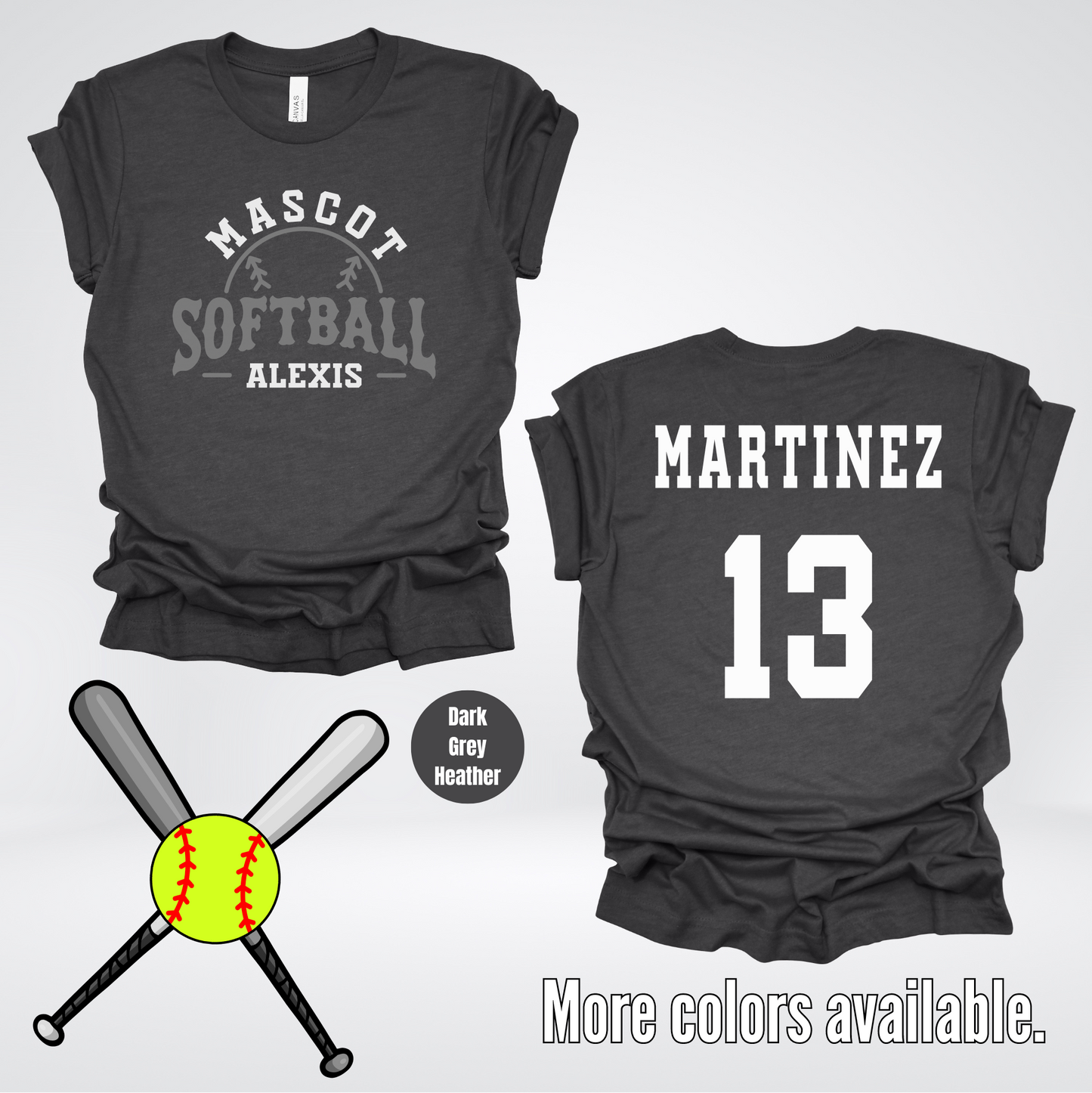 Custom Mascot, Number, First Name, & Last Name – Gray - Softball Design 05 T-Shirt