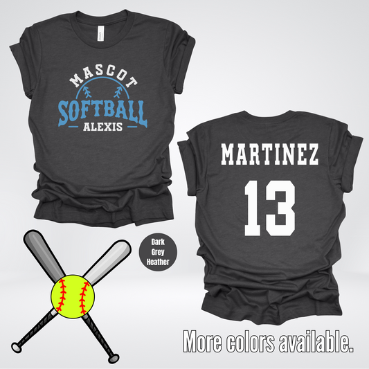 Custom Mascot, Number, First Name, & Last Name – Light Blue - Softball Design 12 T-Shirt