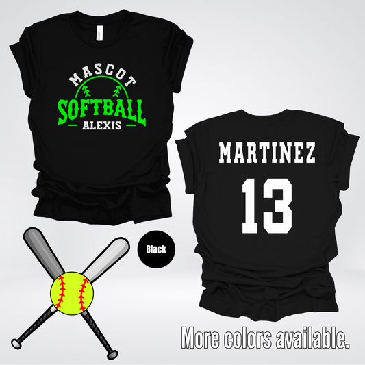 Custom Mascot, Number, First Name, & Last Name – Green - Softball Design 10 T-Shirt