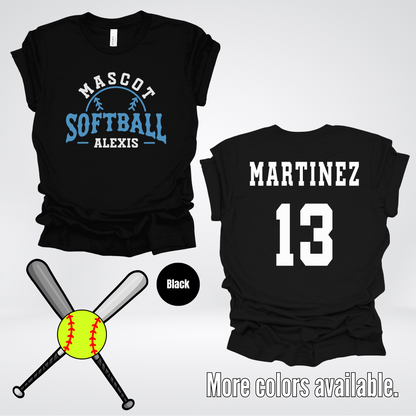 Custom Mascot, Number, First Name, & Last Name – Light Blue - Softball Design 12 T-Shirt