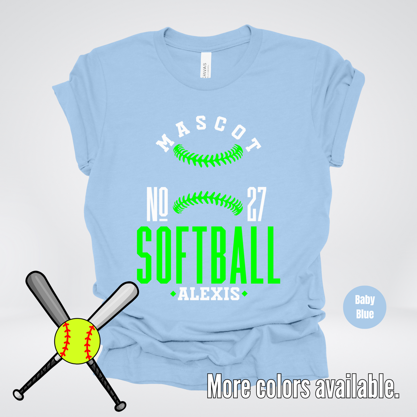 Custom Mascot, Number, & Name – Green - Softball Design 22 T-Shirt