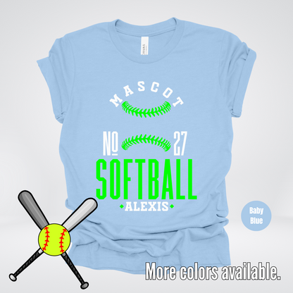 Custom Mascot, Number, & Name – Green - Softball Design 22 T-Shirt