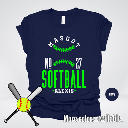 Custom Mascot, Number, & Name – Green - Softball Design 22 T-Shirt