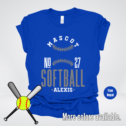 Custom Mascot, Number, & Name – Gray - Softball Design 17 T-Shirt