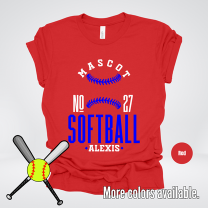 Custom Mascot, Number, & Name – Blue - Softball Design 18 T-Shirt