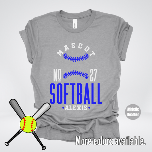 Custom Mascot, Number, & Name – Blue - Softball Design 18 T-Shirt