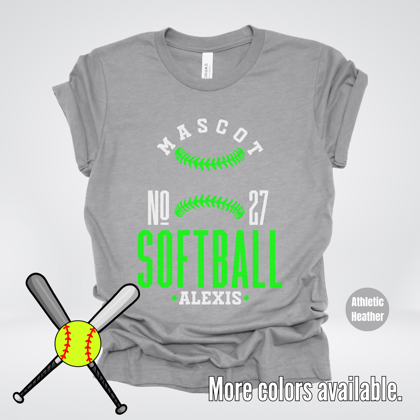 Custom Mascot, Number, & Name – Green - Softball Design 22 T-Shirt