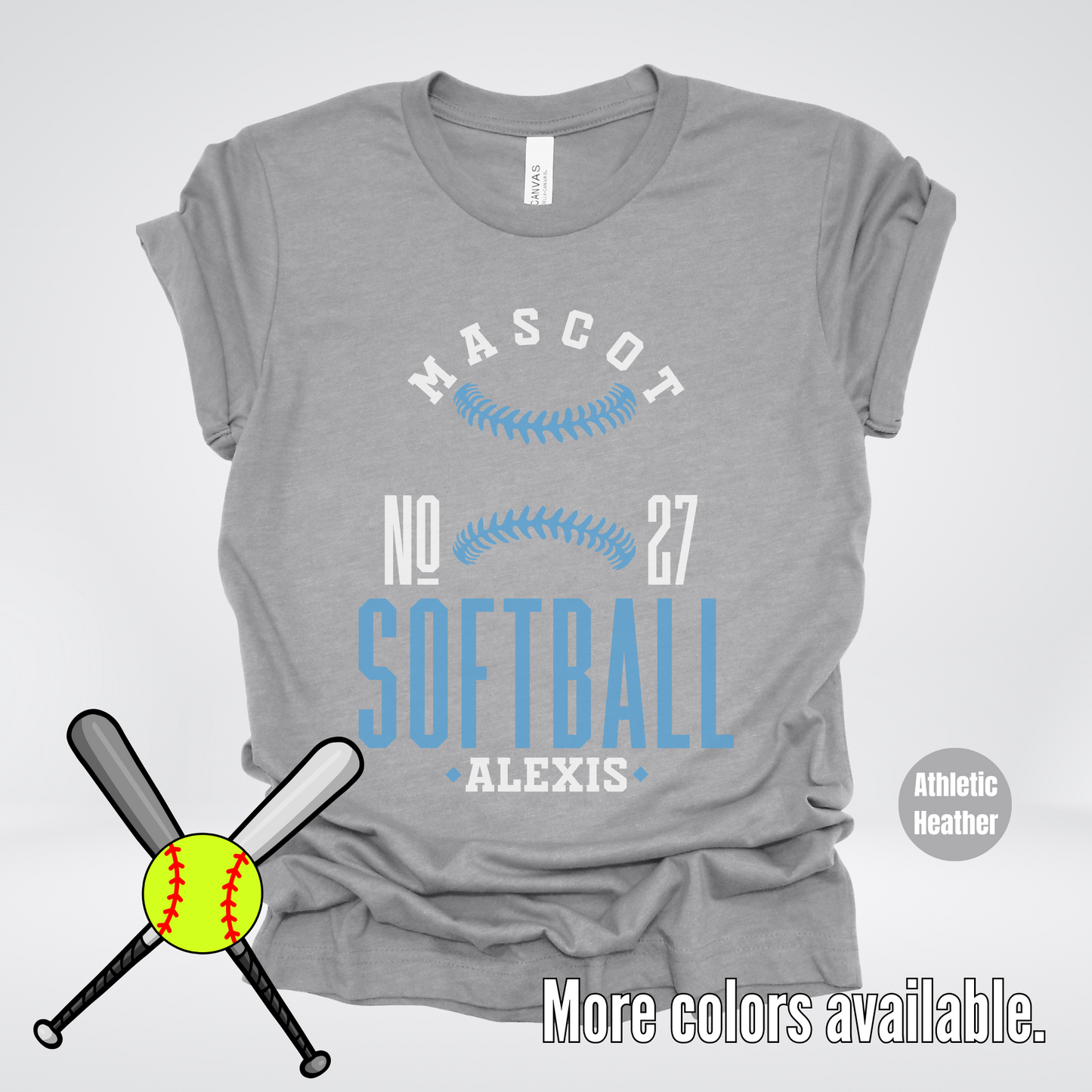 Custom Mascot, Number, & Name – Light Blue - Softball Design 24 T-Shirt