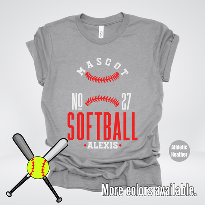 Custom Mascot, Number, & Name – Red - Softball Design 19 T-Shirt