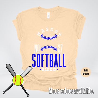 Custom Mascot, Number, & Name – Blue - Softball Design 18 T-Shirt