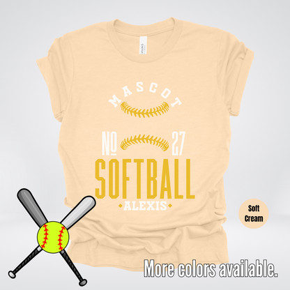 Custom Mascot, Number, & Name – Gold - Softball Design 16 T-Shirt