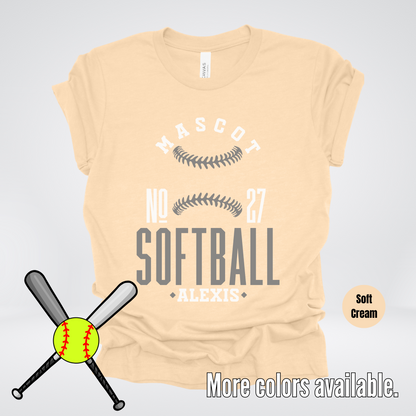 Custom Mascot, Number, & Name – Gray - Softball Design 17 T-Shirt