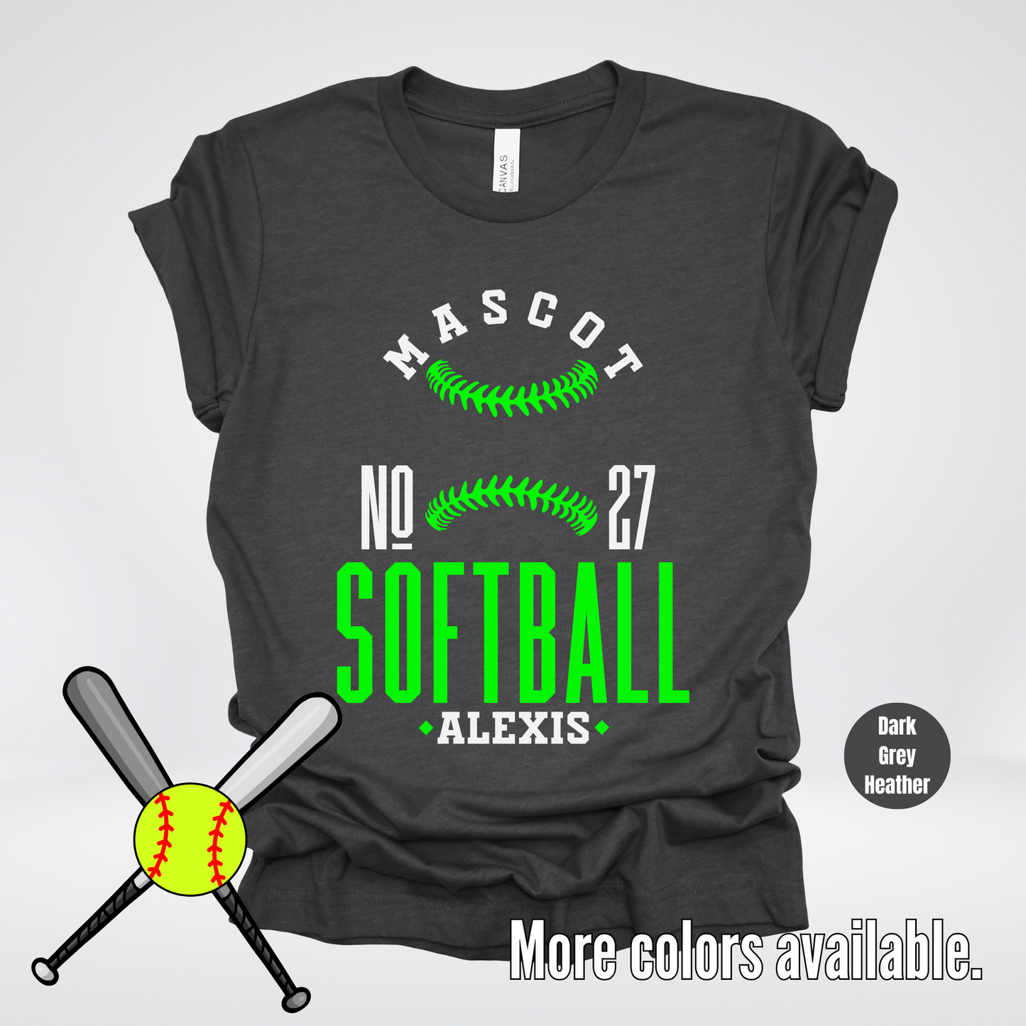 Custom Mascot, Number, & Name – Green - Softball Design 22 T-Shirt