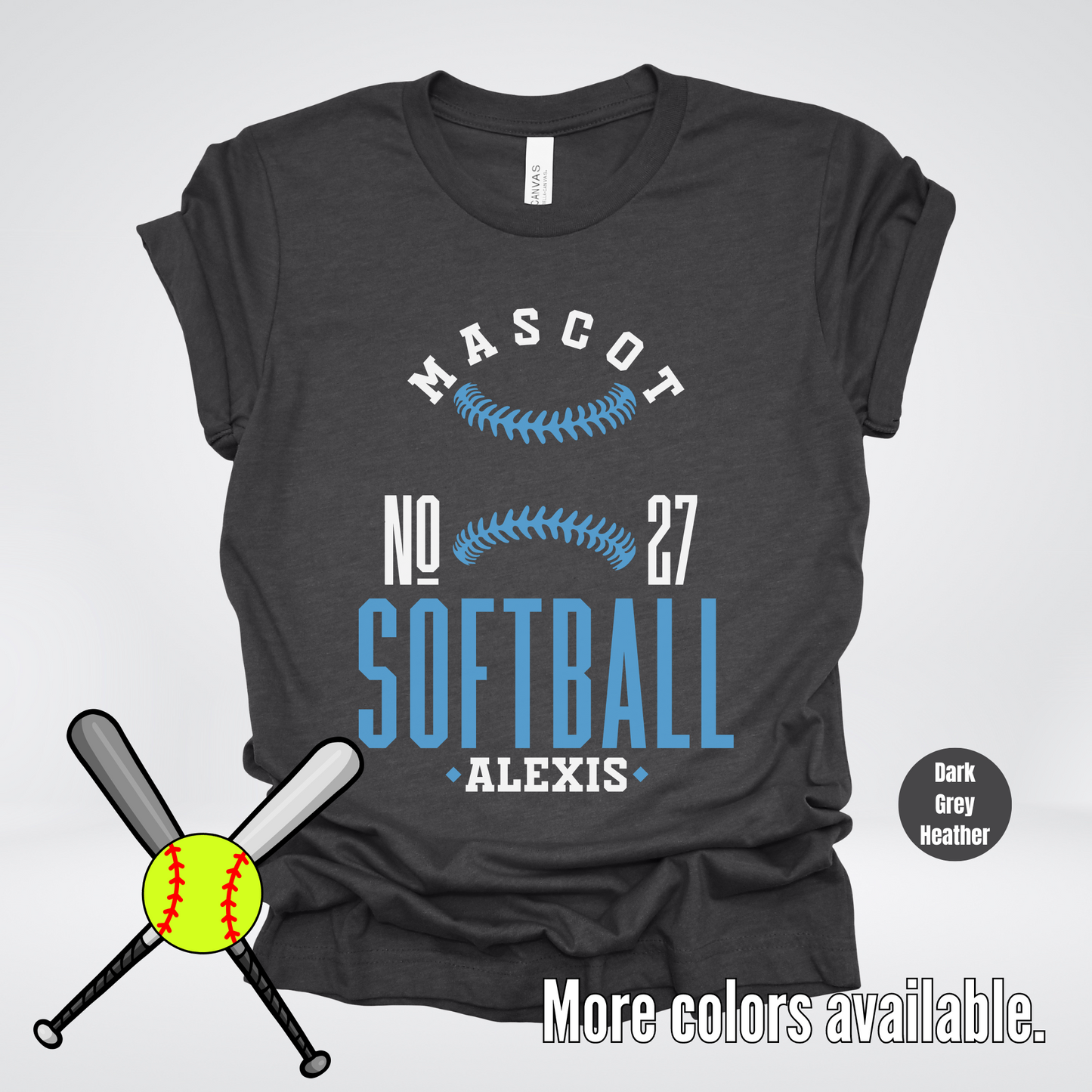 Custom Mascot, Number, & Name – Light Blue - Softball Design 24 T-Shirt