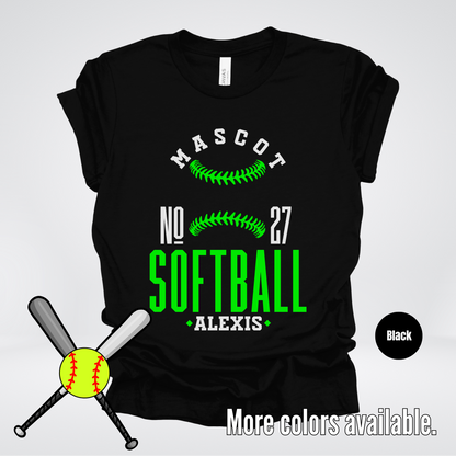 Custom Mascot, Number, & Name – Green - Softball Design 22 T-Shirt