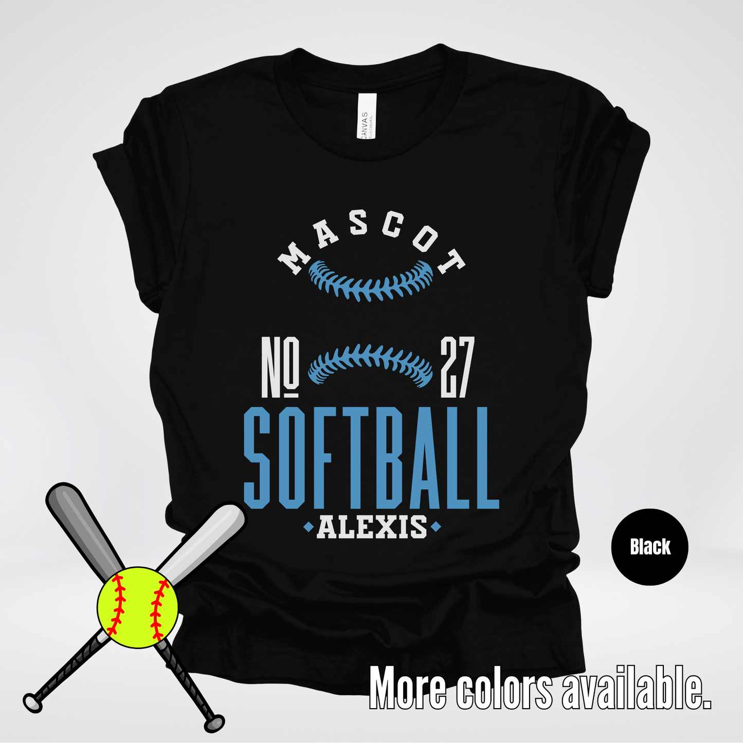 Custom Mascot, Number, & Name – Light Blue - Softball Design 24 T-Shirt