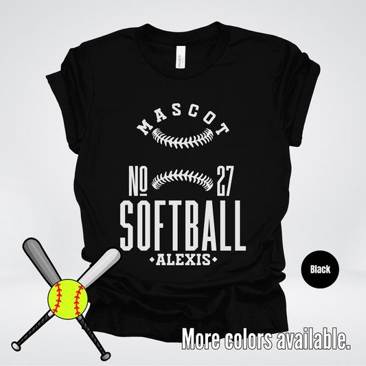 Custom Mascot, Number, & Name – White - Softball Design 14 T-Shirt