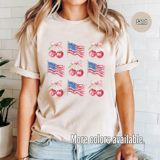 Flags Cherries And Bows Coquette Unisex Softstyle T-Shirt