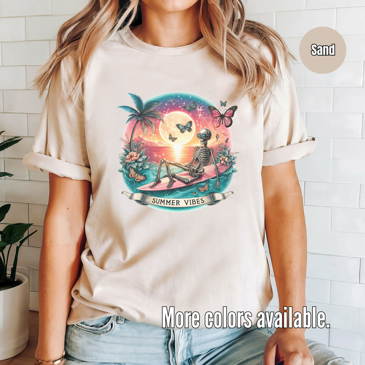 Summer Vibes - Skeleton & Surf Board Softstyle T-Shirt