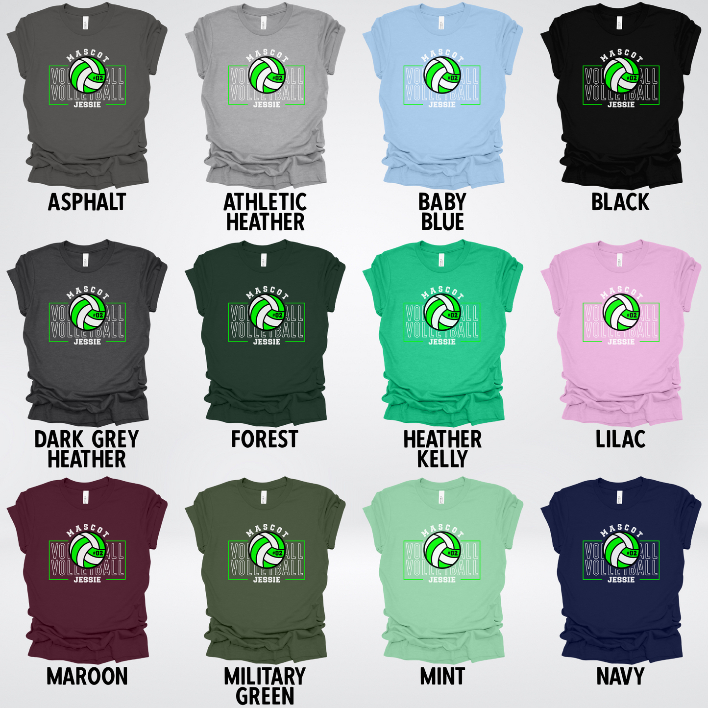 Custom Mascot, Number, & Name – Green - Volleyball Design 12 T-Shirt