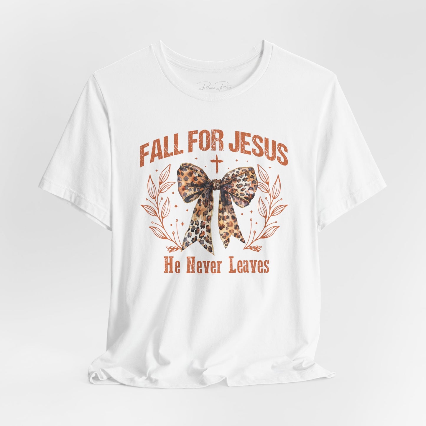 Fall For Jesus He Never Leaves Leopard Print Coquette T-Shirt