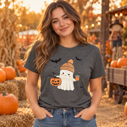 Cute Fall Ghost with Pumpkin And Bats T-Shirt