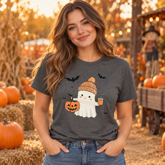 Cute Fall Ghost with Pumpkin And Bats T-Shirt